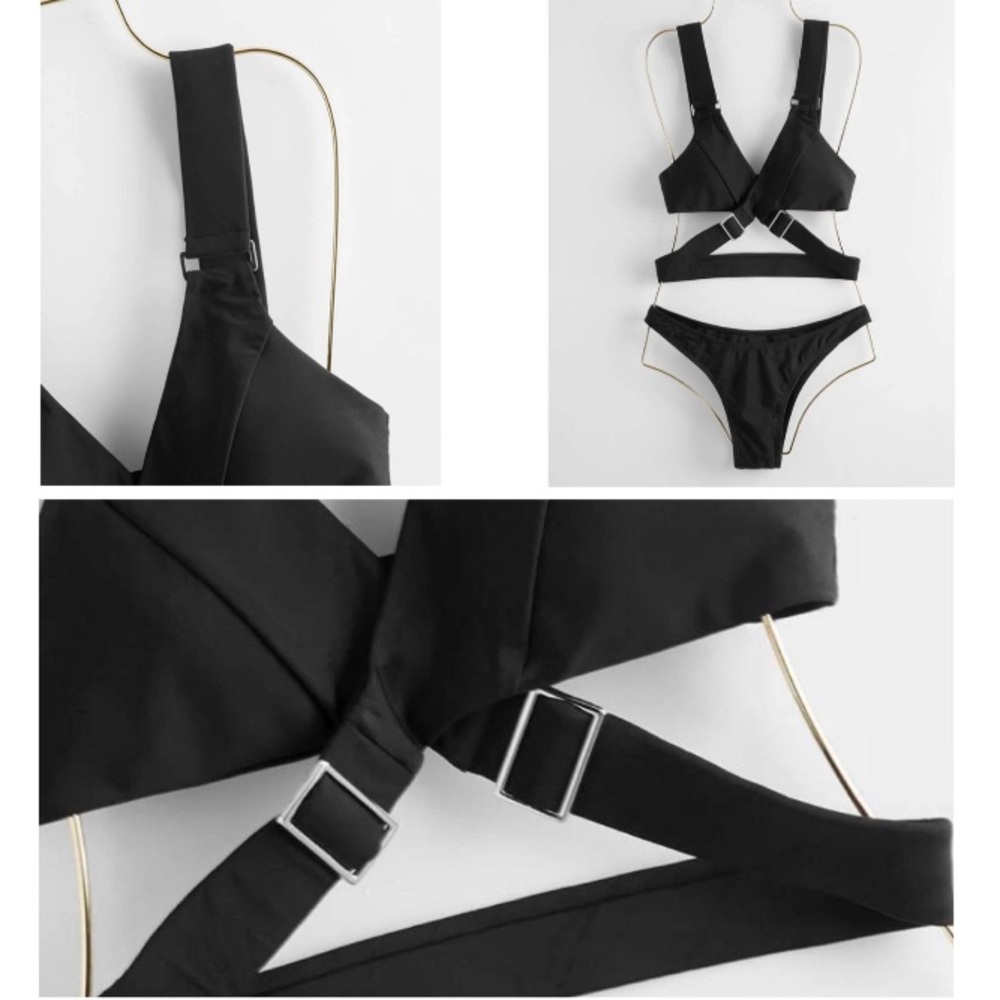 New Black Strappy Bikini w/ Silver Buckle Detail - Picture 4 of 5
